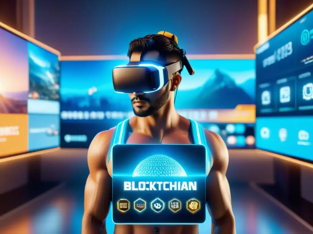 Escena futurista de economías virtuales en videojuegos blockchain: avatares intercambiando activos digitales en un bullicioso mercado virtual