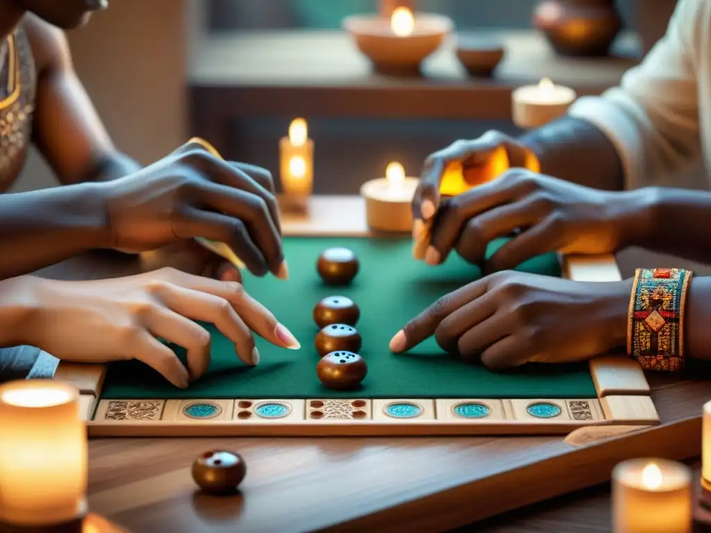 Una escena histórica de juegos de mesa de diversas culturas, unidas alrededor de una mesa de madera bellamente decorada