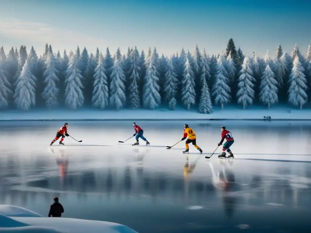 Una escena histórica de origen hockey sobre hielo historia: grupo en patines vintage juega hockey en lago helado rodeado de árboles nevados