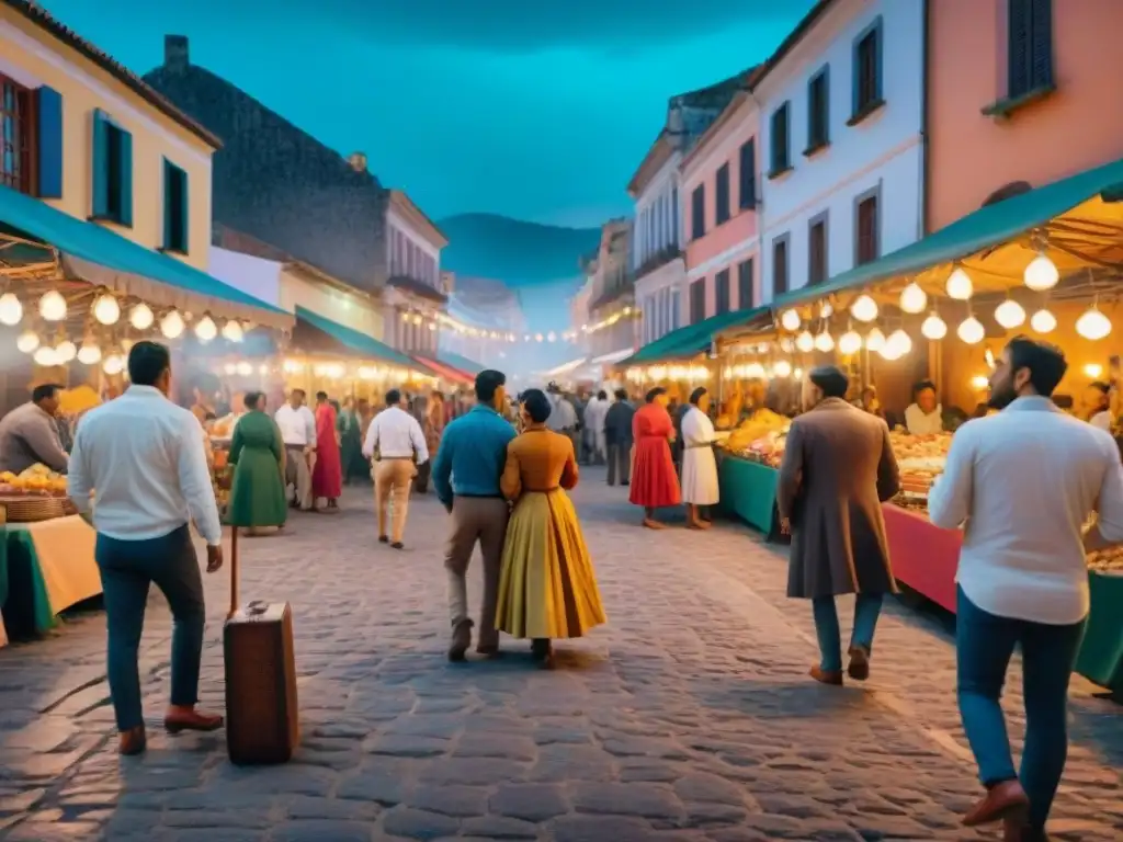 Escena histórica: Pasatiempos nocturnos en América Latina en un bullicioso mercado del siglo XIX