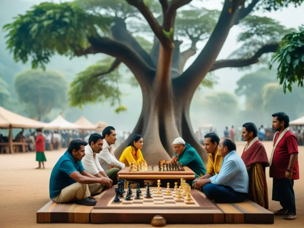 Escena de indígenas jugando ajedrez bajo un árbol en plaza latinoamericana