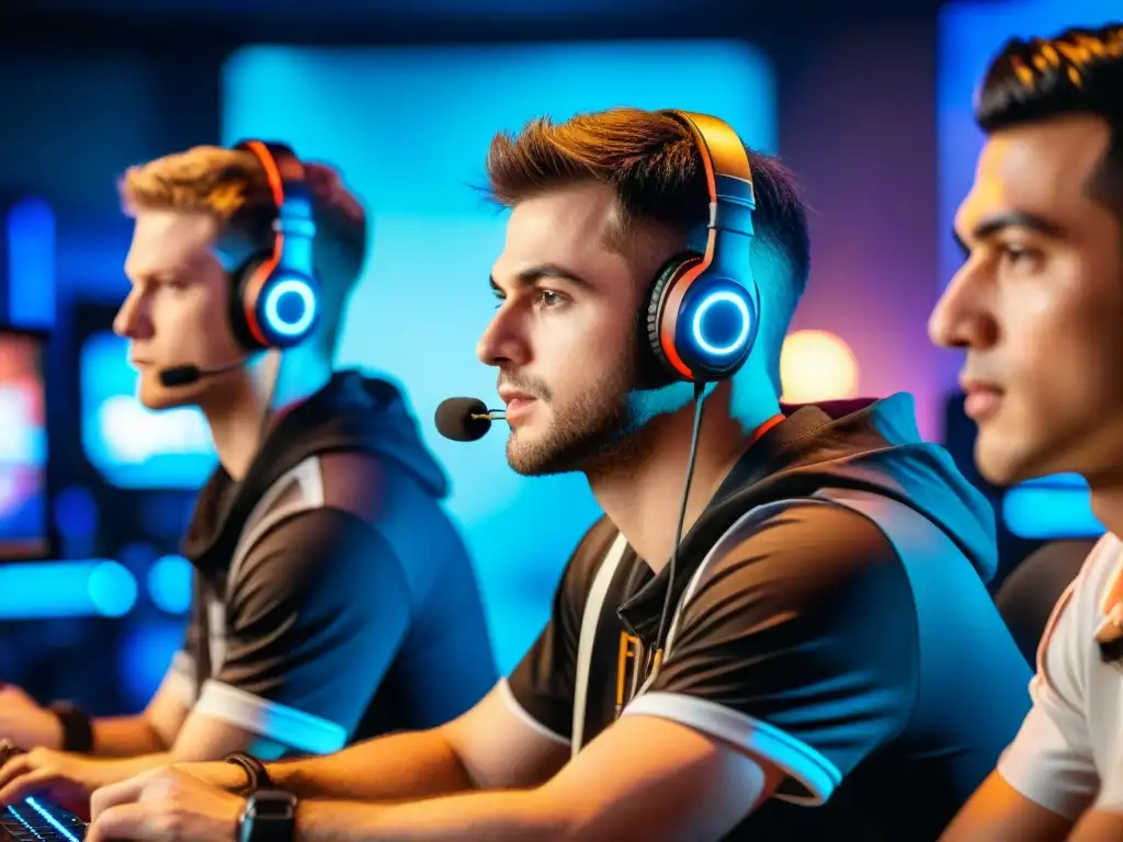 Escena intensa de eSports: jugadores profesionales en habitación caótica, rostros enfocados en pantallas brillantes