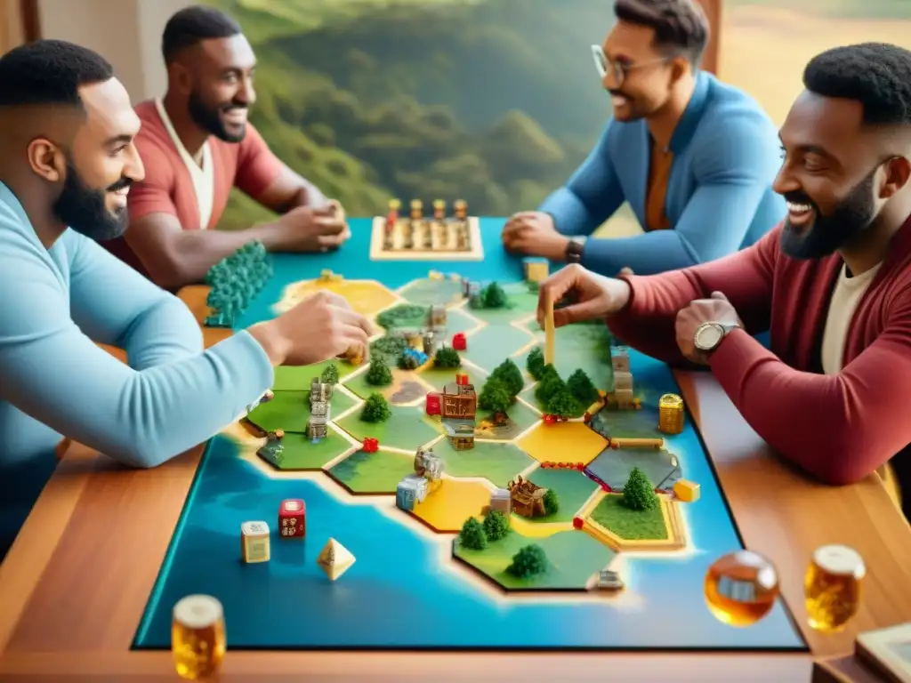 Una escena internacional en la que jugadores de diferentes culturas disfrutan de una partida de Catan, reflejando la diversidad y camaradería