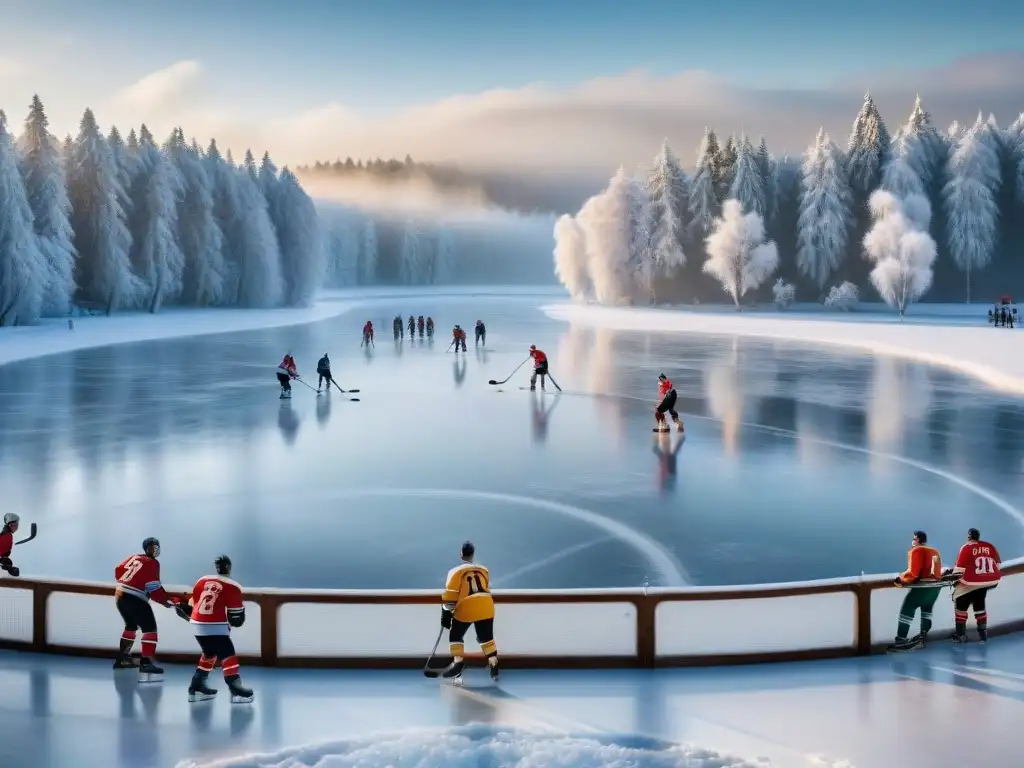 Una escena invernal muestra un lago helado rodeado de árboles nevados, con personas jugando hockey sobre hielo