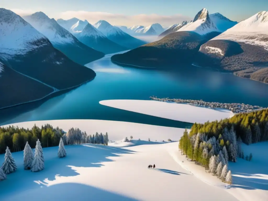 Escena invernal mágica en la región nórdica: lago helado, bosques nevados y montañas