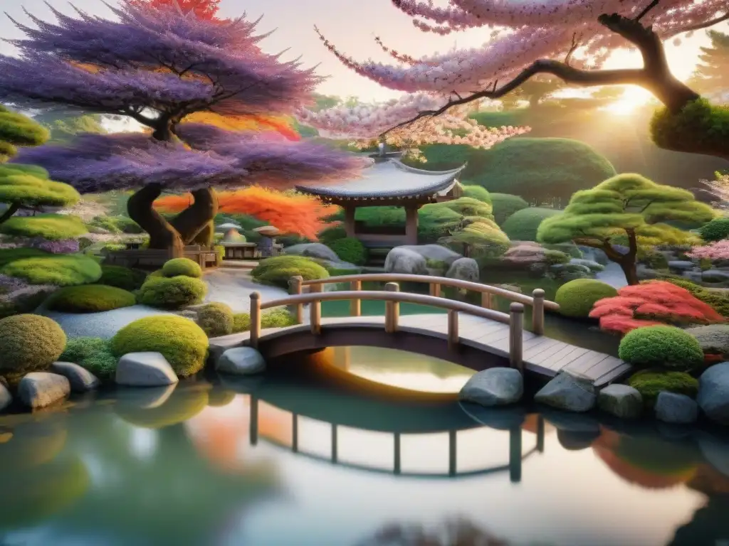 Escena de un jardín japonés con puente de madera sobre estanque de peces koi, árboles de cerezo en flor y farol de piedra al atardecer