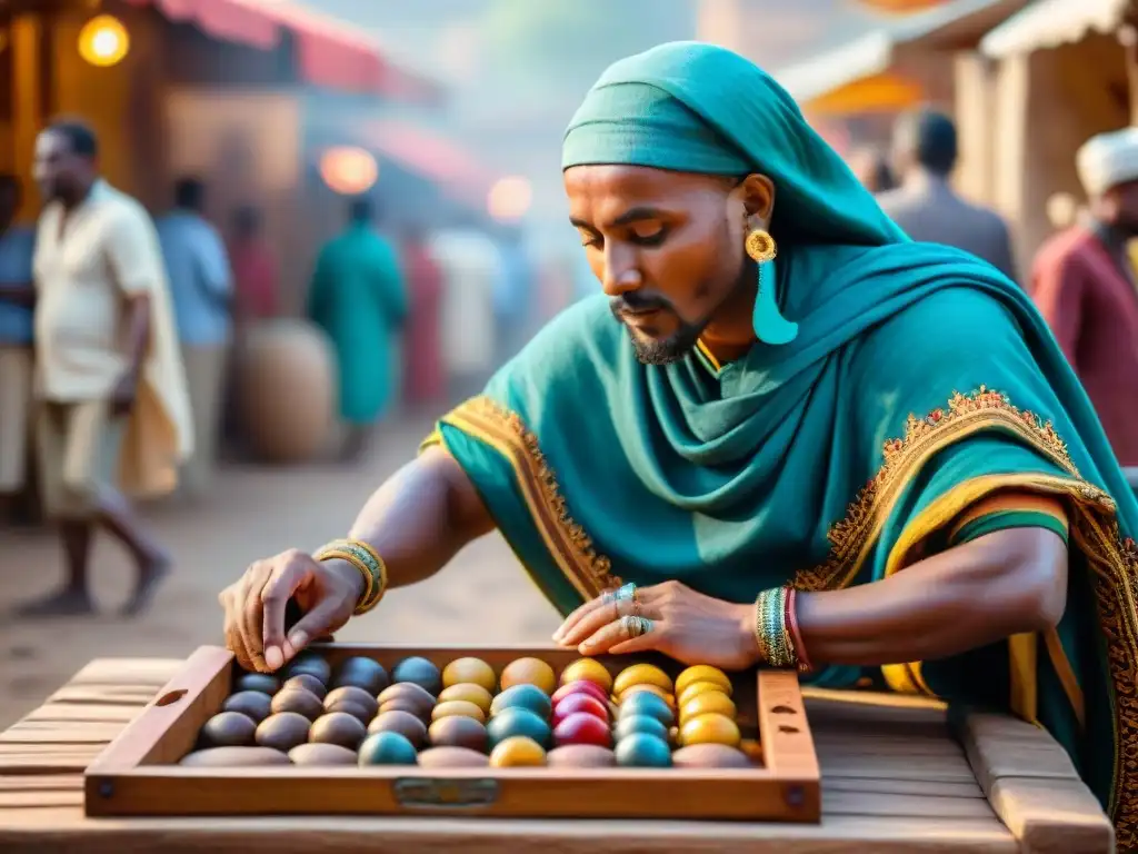 Mancala en el Imperio Aksum: Un juego ancestral que une culturas Escena de juego de Mancala en el imperio Aksum de Etiopía, en un mercado bullicioso