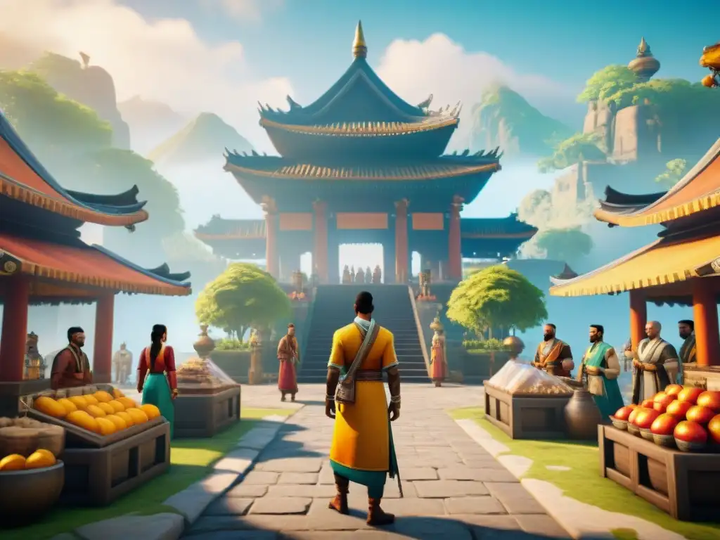 Escena de juego móvil multicultural con personajes y paisajes vibrantes en un mundo virtual