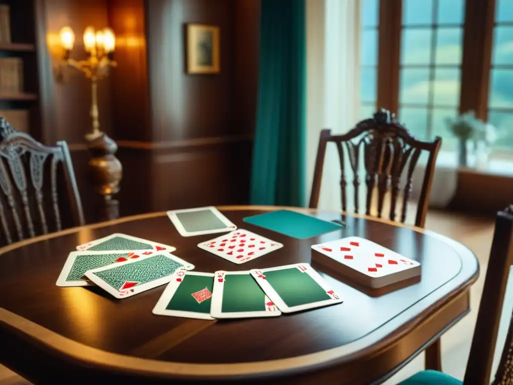 Escena de juegos de cartas en literatura: mesa de madera clásica con sillas antiguas, cartas usadas y ambiente cálido de chandelier