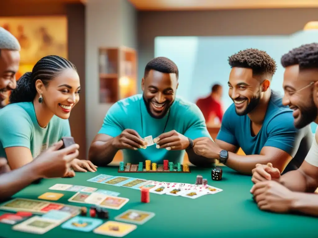 Una escena llena de diversión y colaboración, con personas sonrientes disfrutando de juegos de mesa y cartas