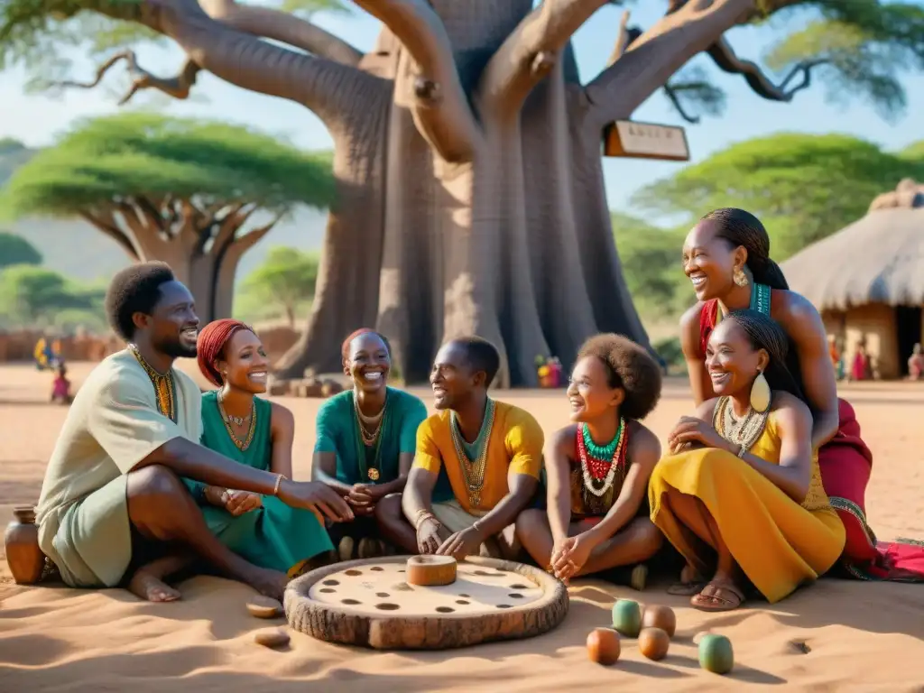 Una escena mágica de juegos en la diáspora africana bajo un baobab ancestral