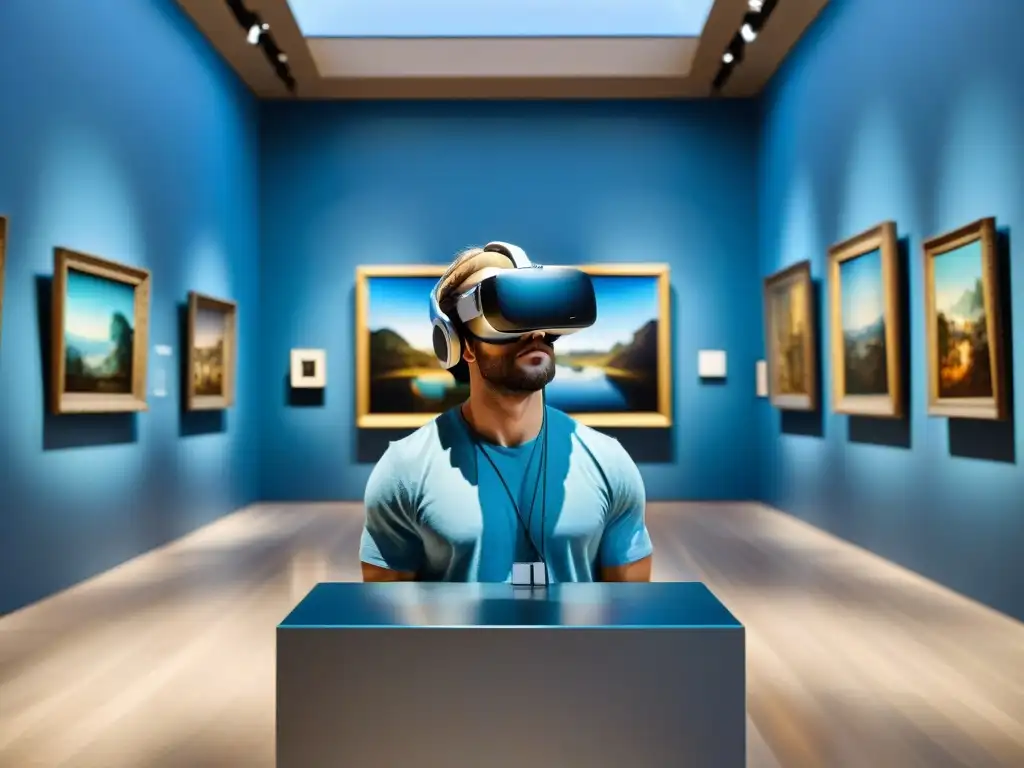 Una escena mágica en un museo de arte, donde la realidad virtual fusiona historia del arte a través de juegos