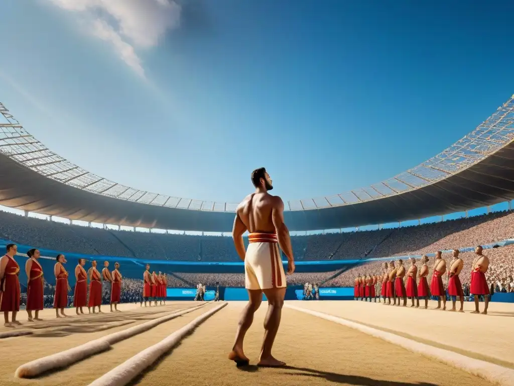 Esplendor olímpico: Competencias en la Antigua Grecia Una escena majestuosa de los antiguos Juegos Olímpicos revela la grandeza histórica y cultural de la competición deportiva
