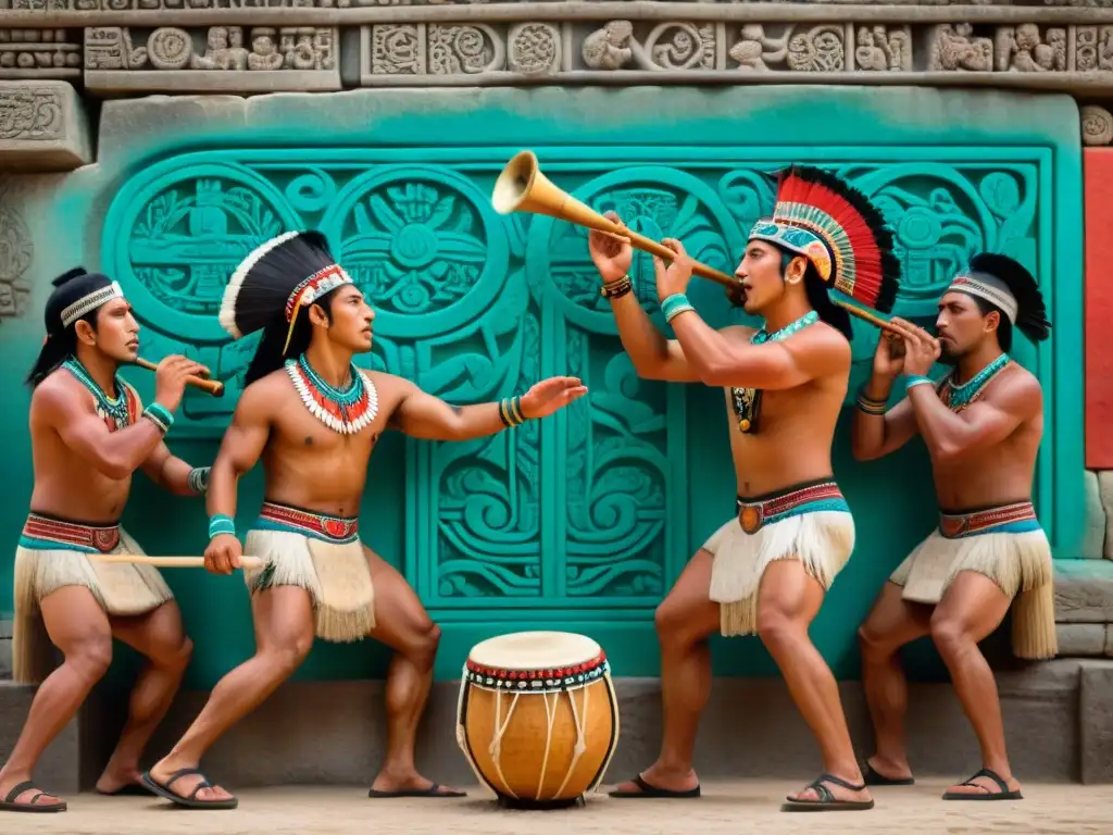 Escena maya de juego de pelota y música en piedra tallada