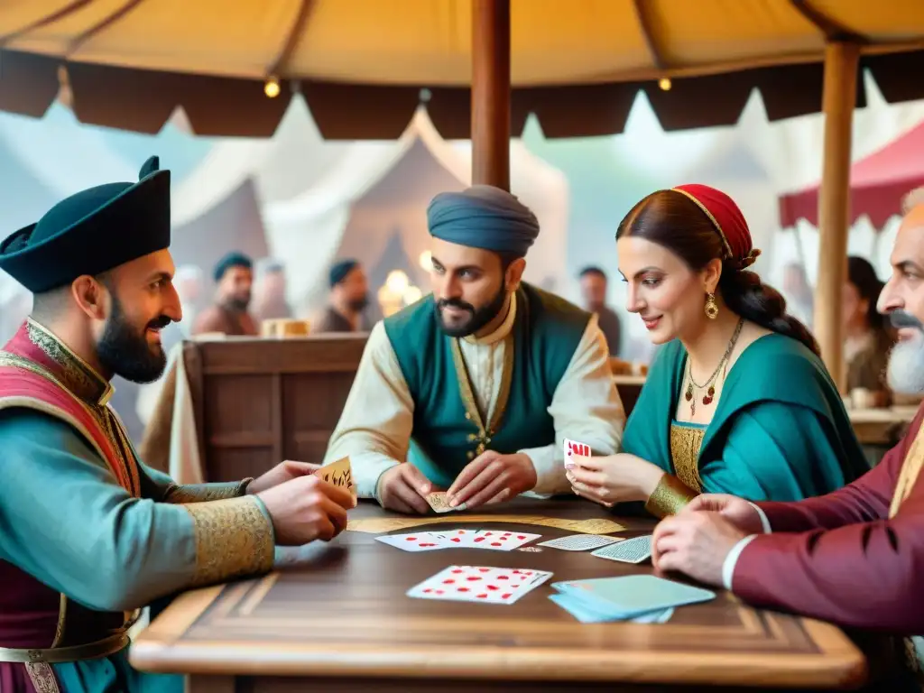 Escena medieval de mercado con juego de cartas en plaza europea