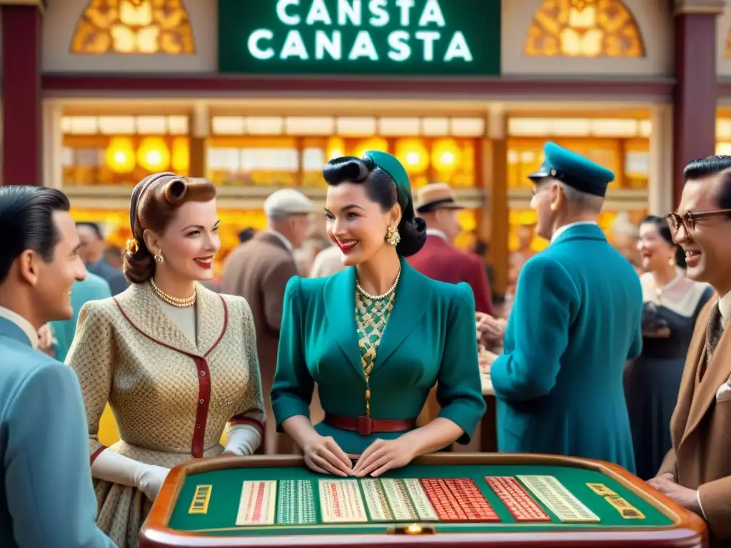 Escena de mercado de los años 50 con gente de diversas culturas jugando a la canasta