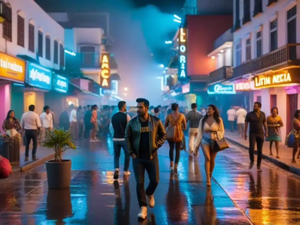 Escena nocturna en una bulliciosa calle de América Latina, iluminada por luces de neón