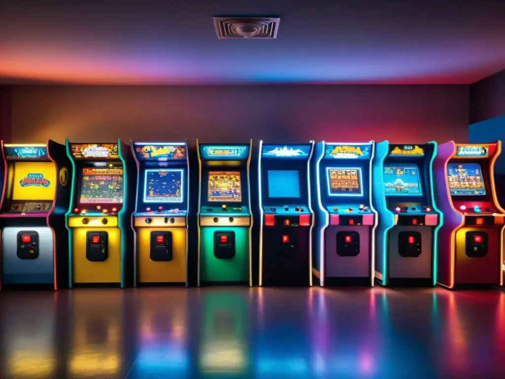 Escena nostálgica en un bullicioso arcade retro con juegos clásicos como PacMan, Space Invaders y Donkey Kong