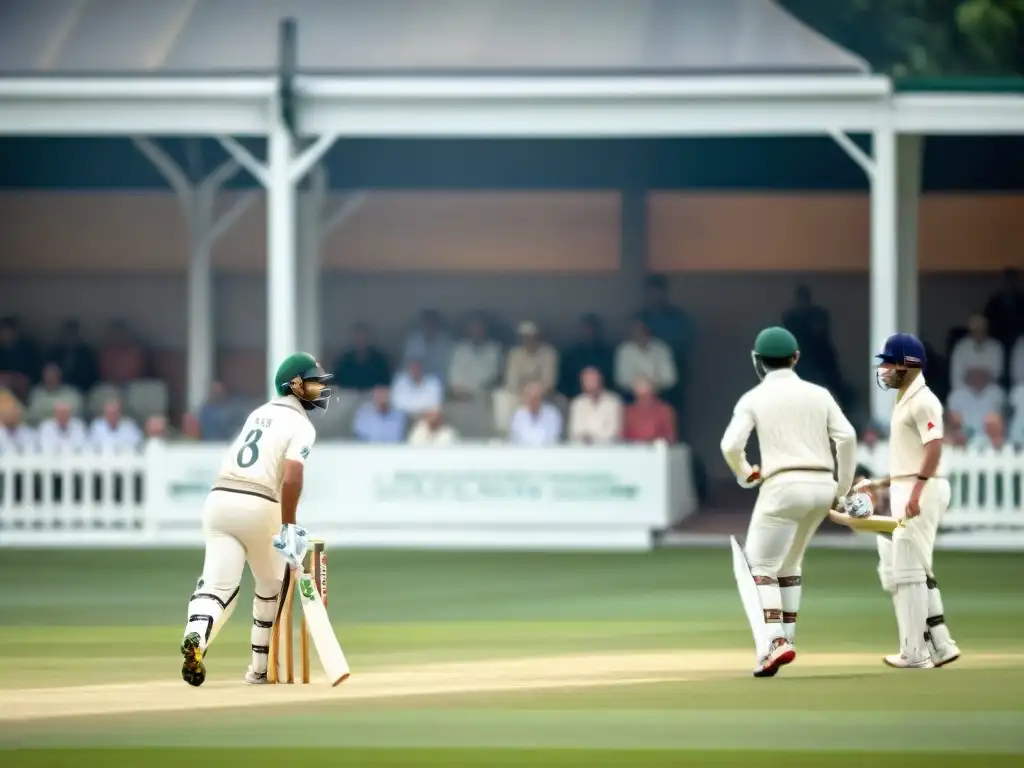 Escena nostálgica del cricket en campo verde, resaltando la intensidad y concentración de los jugadores