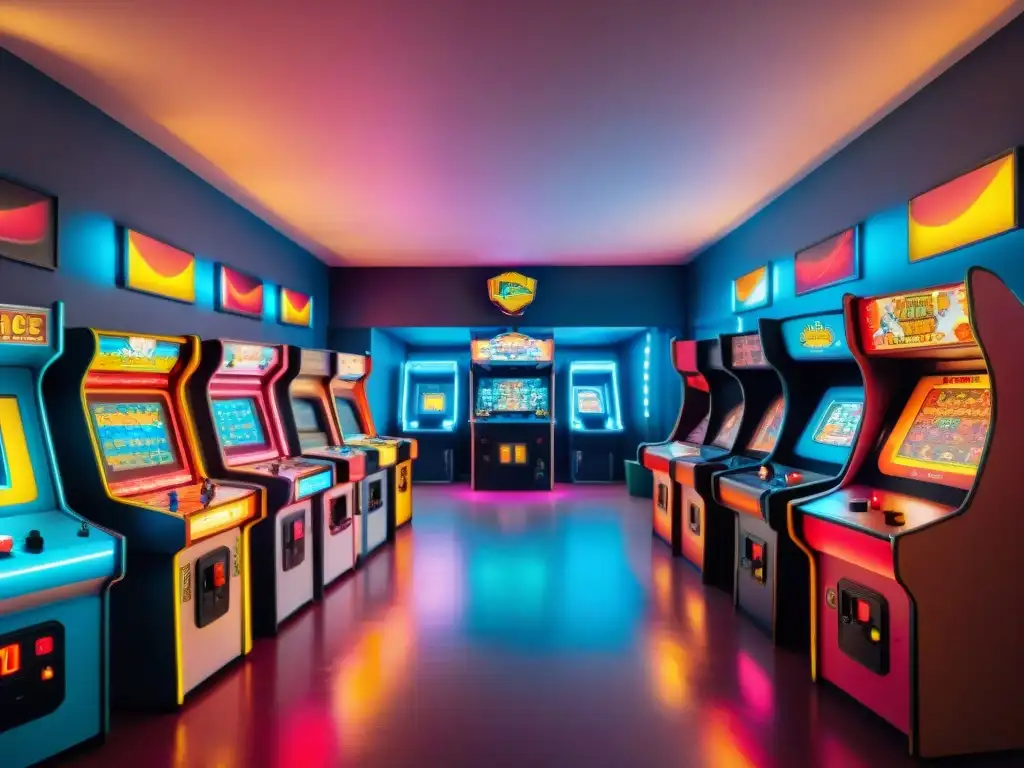 Una escena nostálgica y emocionante de una bulliciosa sala de juegos retro, llena de máquinas de arcade vintage brillando en luces de neón vibrantes