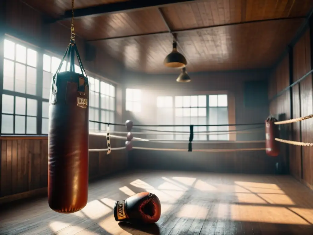 Escena nostálgica de un gimnasio de boxeo vintage con boxeadores en pleno combate, destacando la influencia del boxeo en moda