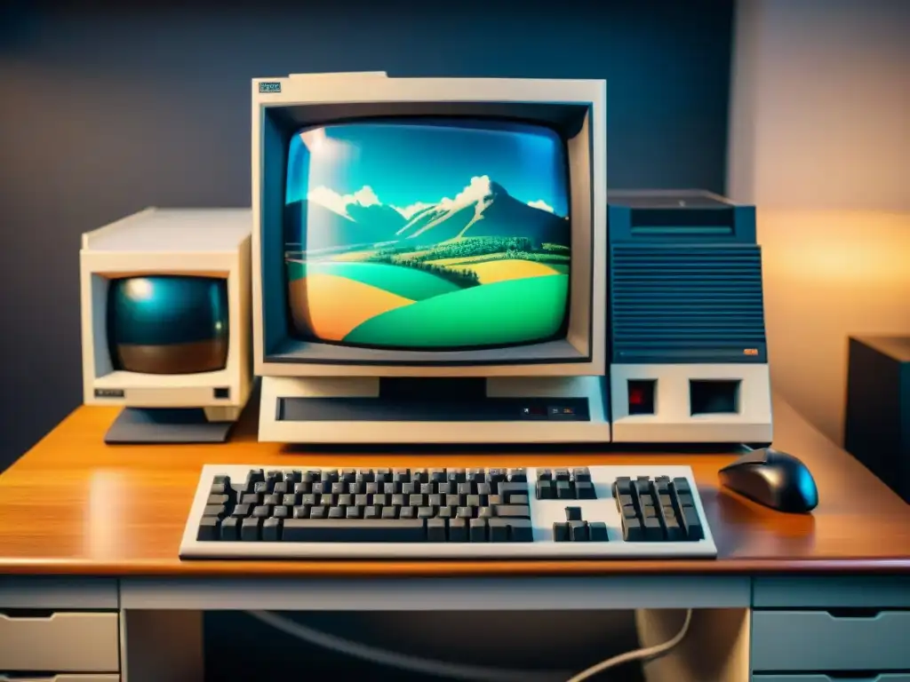 Escena nostálgica de la historia del gaming en PCs: un PC vintage IBM 5150 con monitor CRT, joystick y manuales de programación en un escritorio