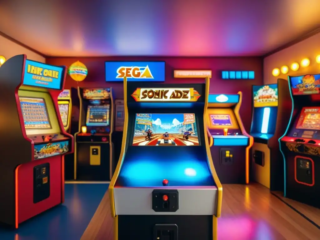 Una escena nostálgica de una máquina arcade vintage de Sega rodeada de jugadores entusiastas en un ambiente retro de arcade