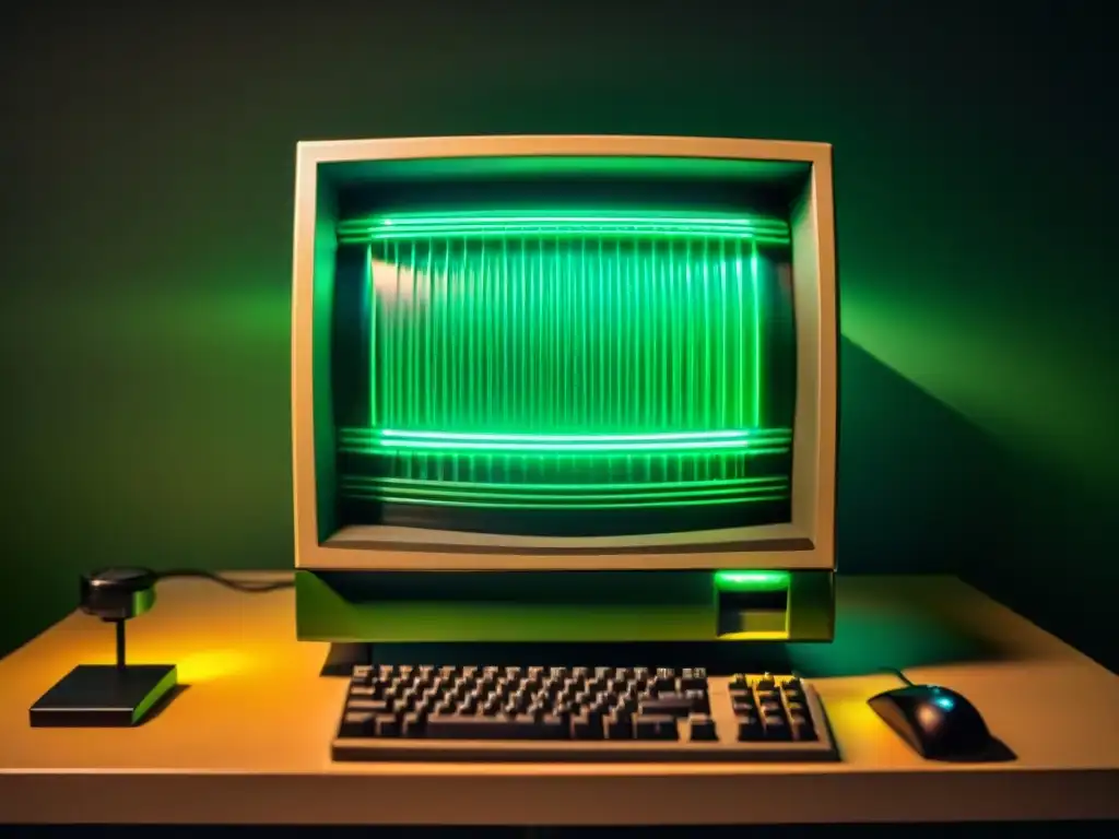 Escena nostálgica de un PC vintage IBM en una habitación tenue, con monitor verde mostrando código básico