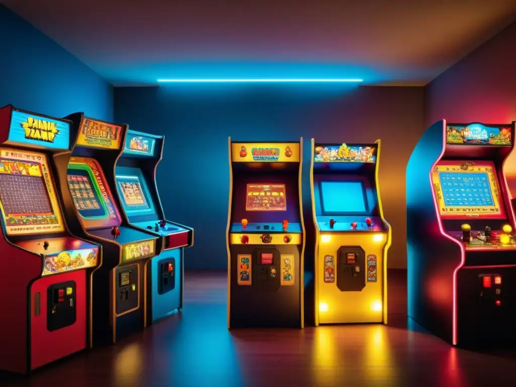 Una escena nostálgica en una sala de arcade retro iluminada por luces de neón, donde personas de todas las edades y orígenes disfrutan de juegos clásicos como PacMan y Space Invaders