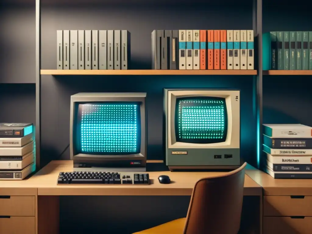 Escena nostálgica: sala con computadora vintage de los años 80, floppy disks, monitor CRT, teclado y libros de programación