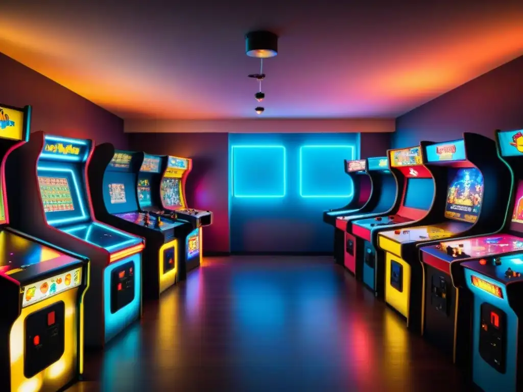 Escena nostálgica en sala arcade retro con juegos clásicos como PacMan y Donkey Kong, evocando la popularidad de los videojuegos retro evolución