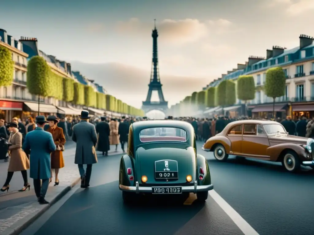 Escena nostálgica de París en el siglo XX con autos vintage y peatones elegantes, mostrando la historia del automovilismo en Europa