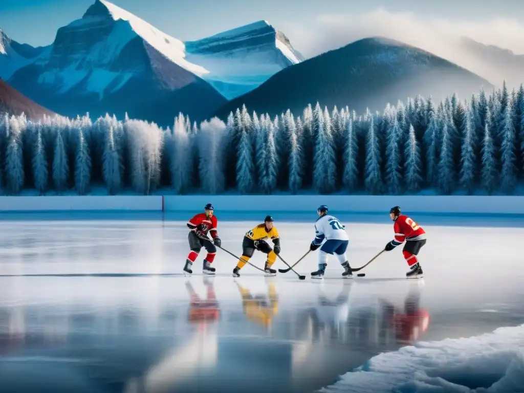 Escena de origen del hockey sobre hielo historia: indígenas juegan en lago helado con palos de madera y vestimenta tradicional