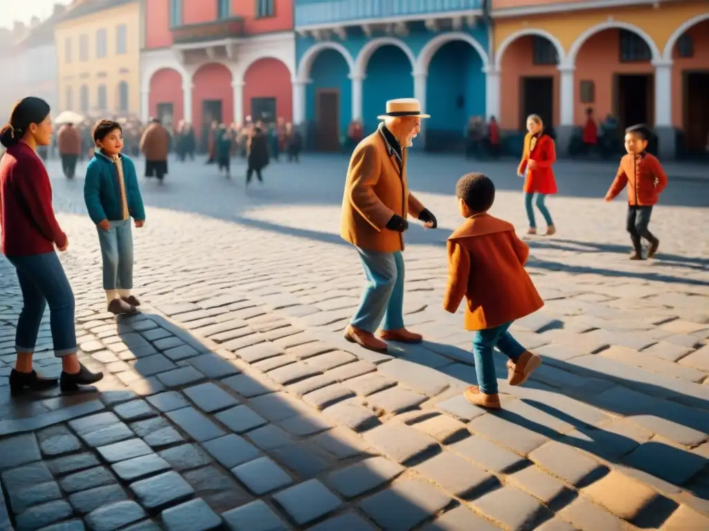 Escena de plaza animada con juegos tradicionales en la sociedad: niños jugando y ancianos recordando tiempos felices