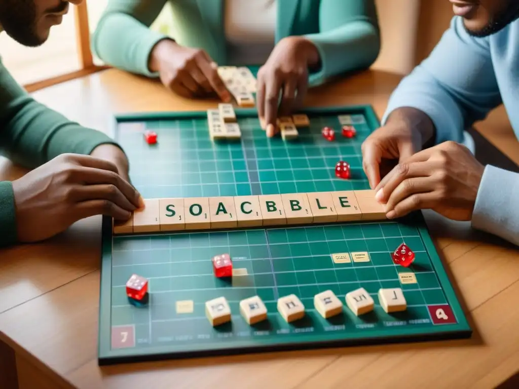 Una escena poética: jugadores diversos disfrutan de un apasionante juego de Scrabble en una habitación acogedora llena de libros