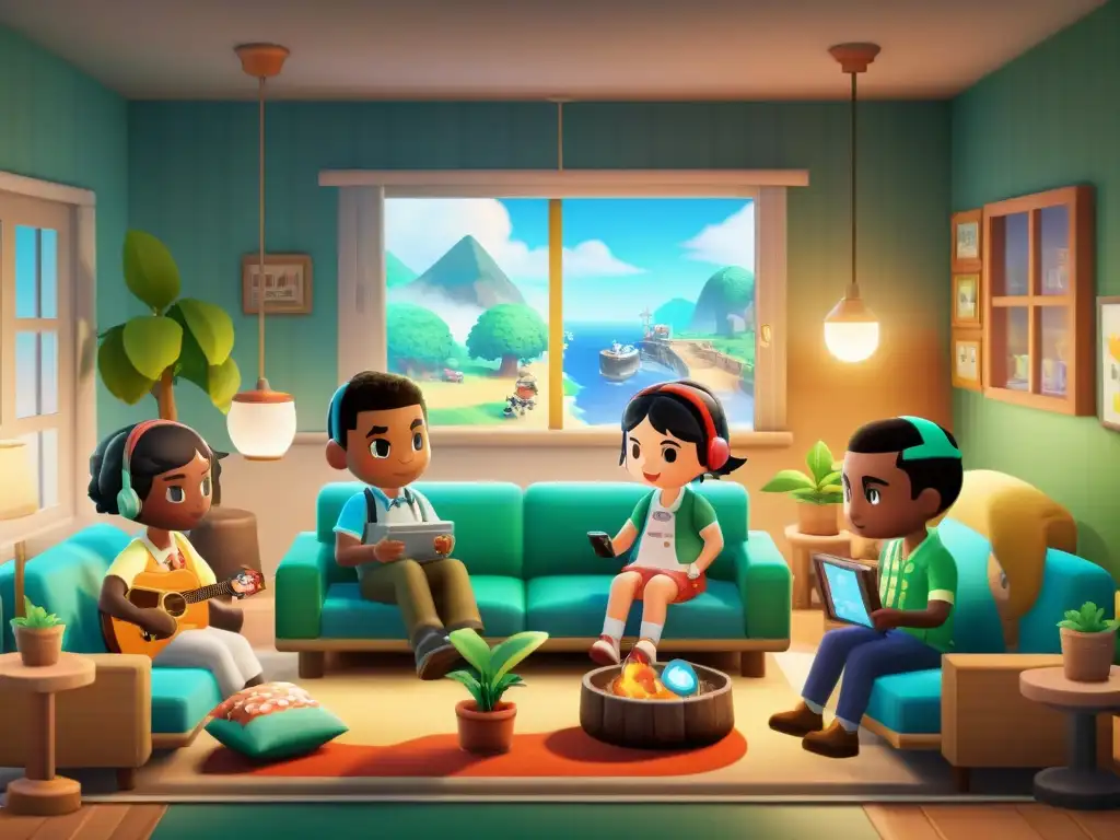 Una escena reconfortante de jugadores inmersos en 'Animal Crossing: New Horizons', reflejando su impacto cultural