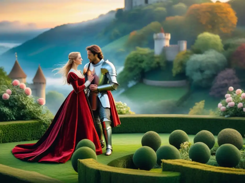 Escena romántica medieval en un manuscrito iluminado, con un caballero serenata a dama bajo un cielo estrellado en un exuberante jardín