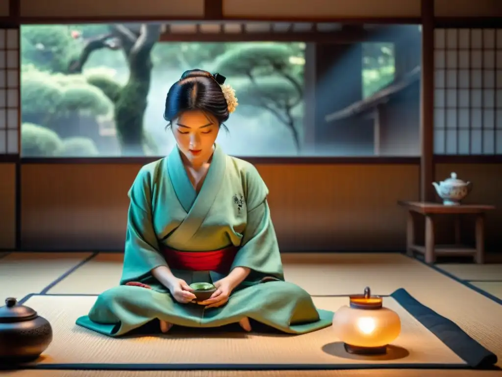 Escena solemne de la ceremonia del té japonesa en una habitación tradicional con estudiantes y maestro preparando matcha