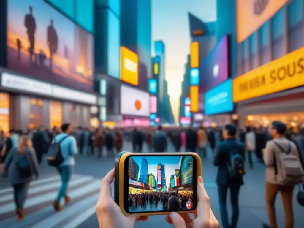 Escena urbana con gente de todas las edades jugando juegos móviles de realidad aumentada, fusionando lo digital y lo físico