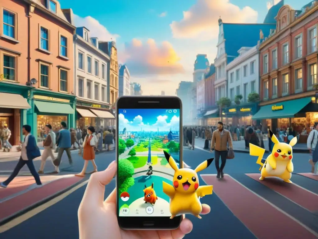 Escena urbana con personas de todas las edades y fondos mirando sus smartphones, con Pokémon en forma etérea