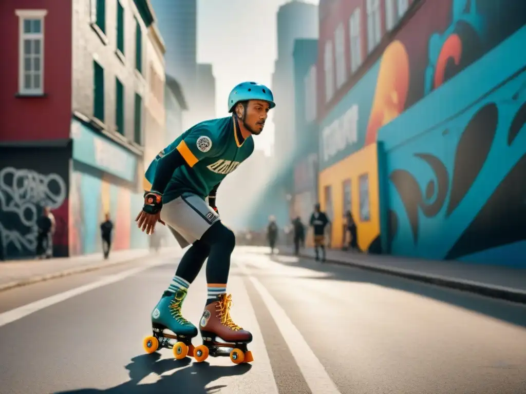 Una escena urbana vibrante muestra la evolución del deporte en la cultura, con skaters en roller