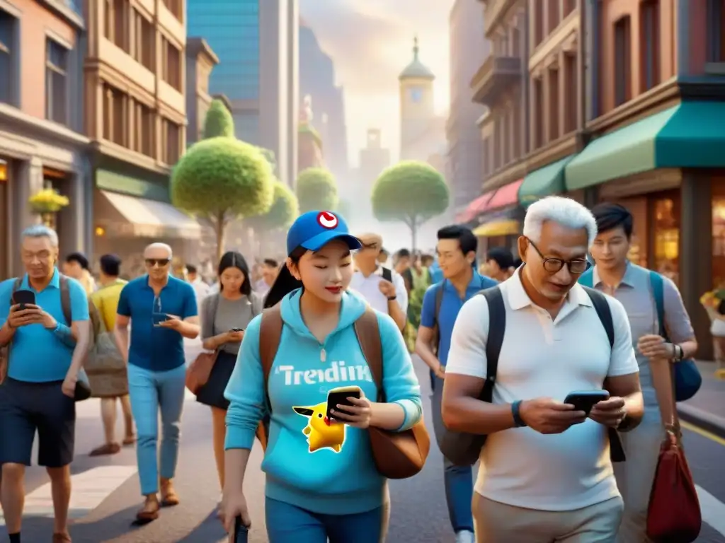 Escena urbana vibrante con personas de todas las edades y orígenes jugando Pokémon Go