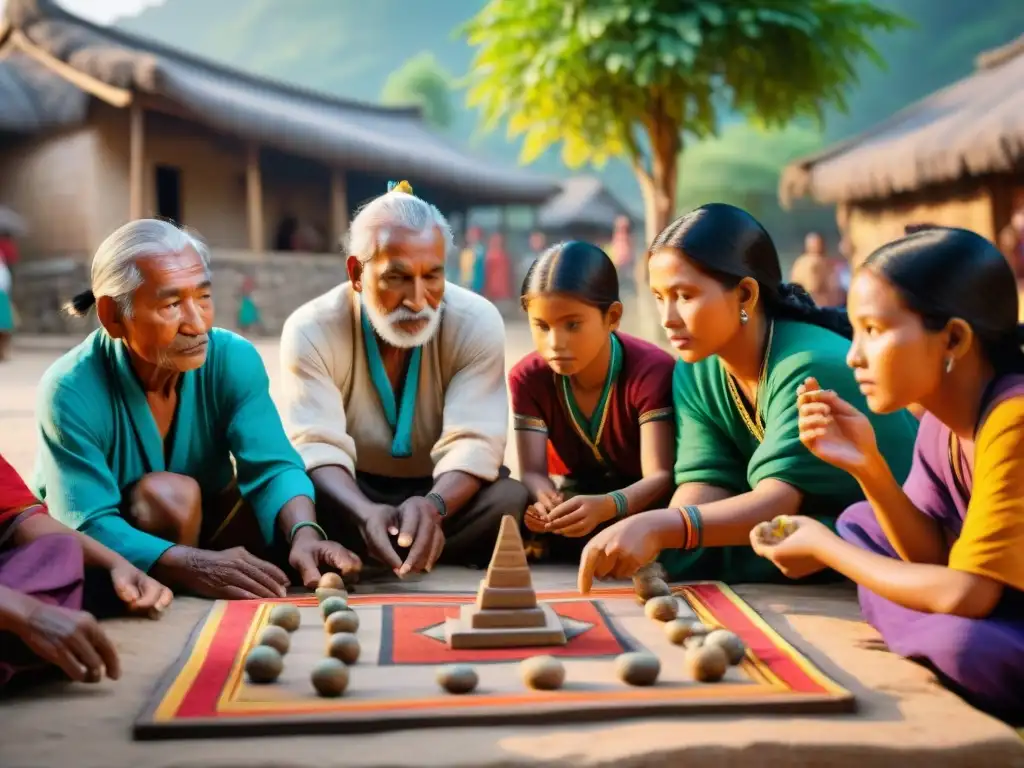 Una escena vibrante de ancianos y niños jugando un juego indígena tradicional en una plaza soleada y colorida