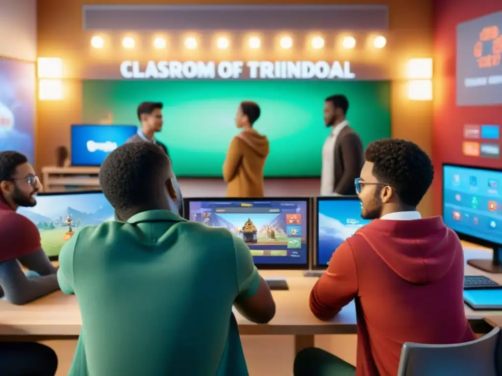 Escena vibrante de aula con estudiantes diversos disfrutando videojuegos educativos