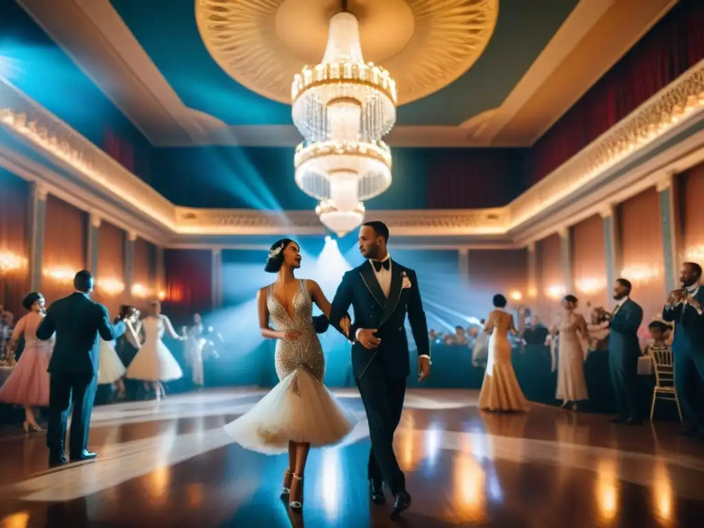 Una escena vibrante del salón de baile de los años 20, con elegantes parejas bailando al ritmo de la música jazz en un ambiente lleno de energía y legado cultural