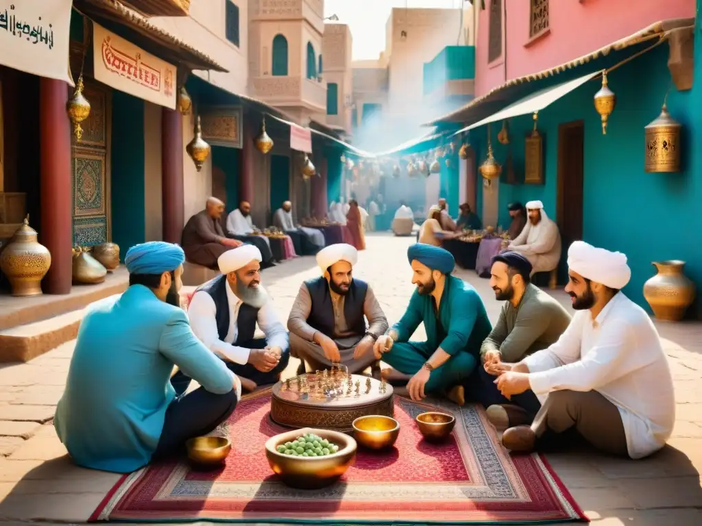 Escena vibrante en un bullicioso mercado del Medio Oriente, con personas de diversas edades y orígenes disfrutando de un animado juego de cartas