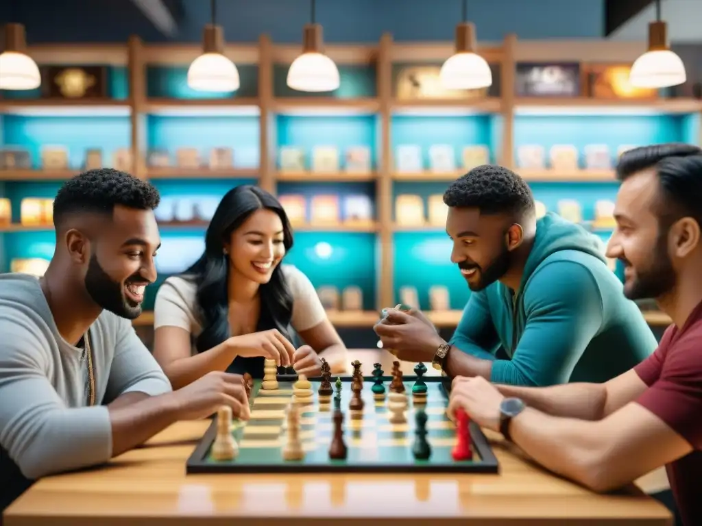 Una escena vibrante en una cafetería de juegos de mesa, donde personas de diversas culturas juegan con emoción