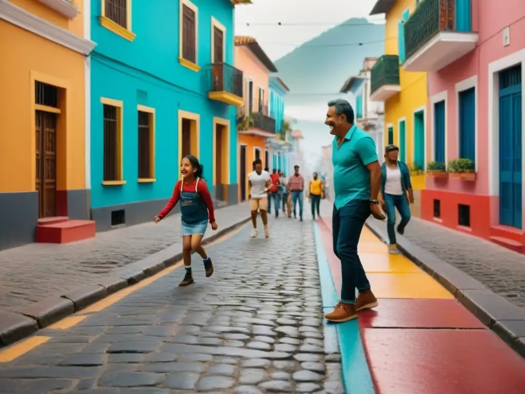 Escena vibrante de juegos callejeros América Latina: niños riendo y jugando en una bulliciosa calle llena de coloridos edificios