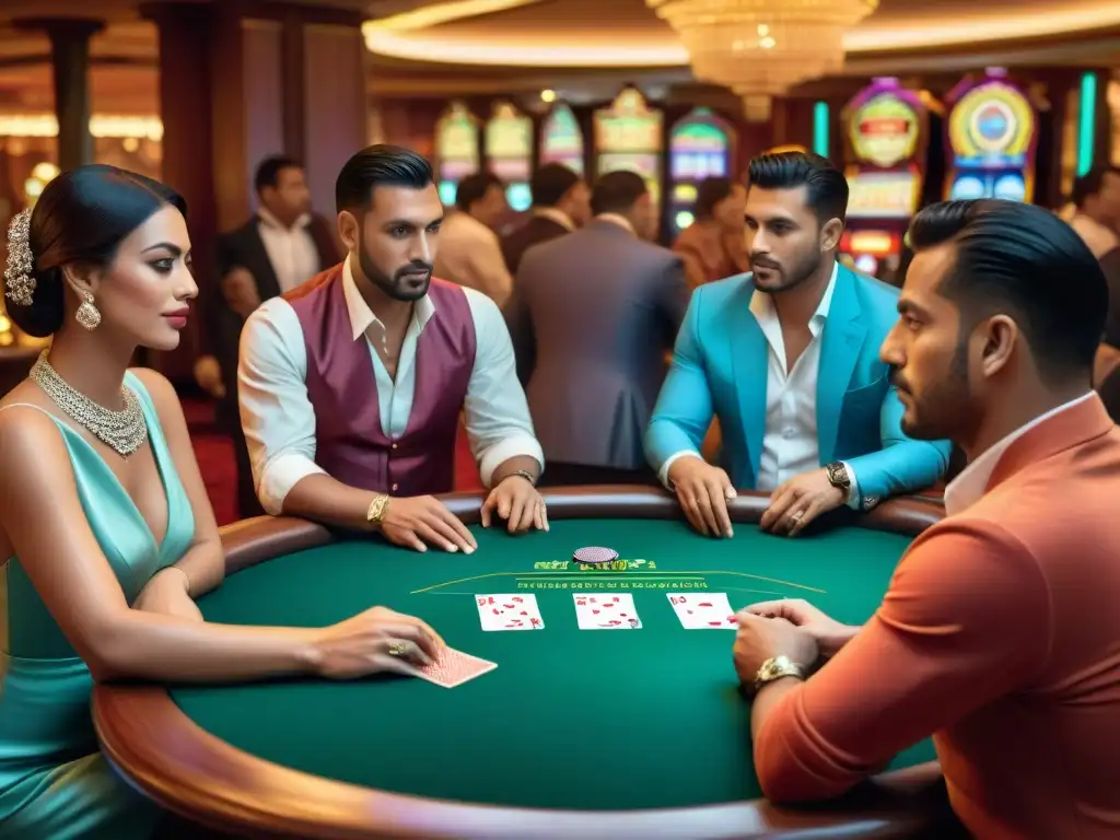 Escena vibrante de casino en América Latina, con historia de juegos azar y jugadores de diversas edades y fondos en mesas ornamentadas bajo candelabros
