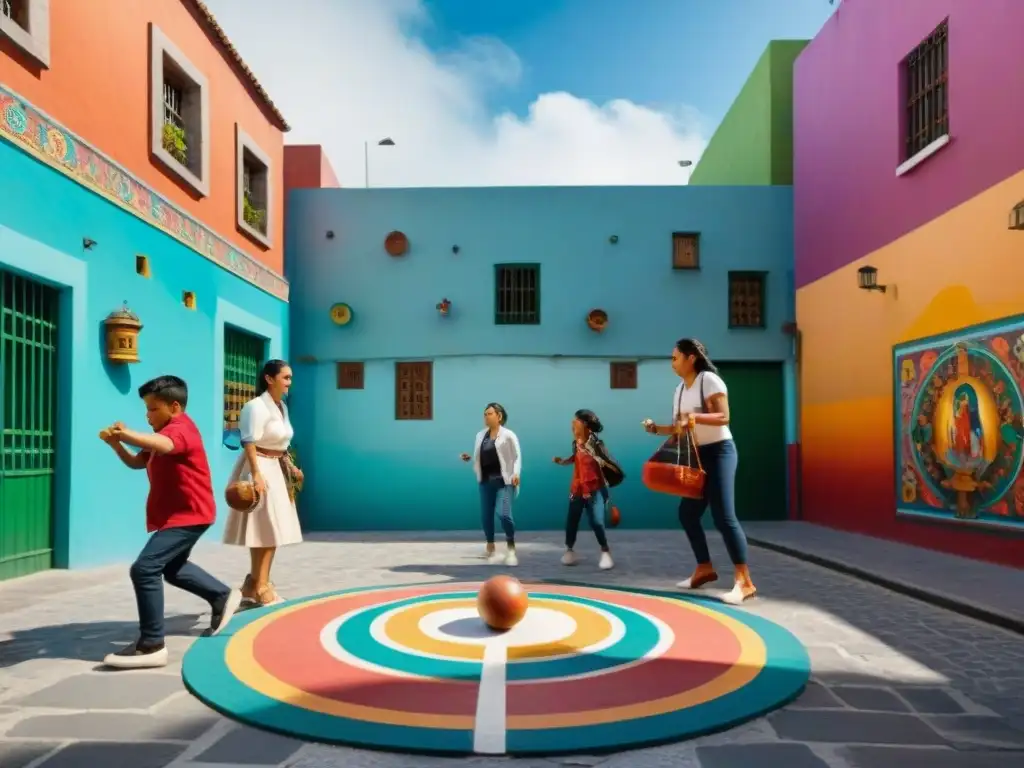 Escena vibrante en la Ciudad de México con juegos tradicionales y murales coloridos, fusionando cultura y arte urbano